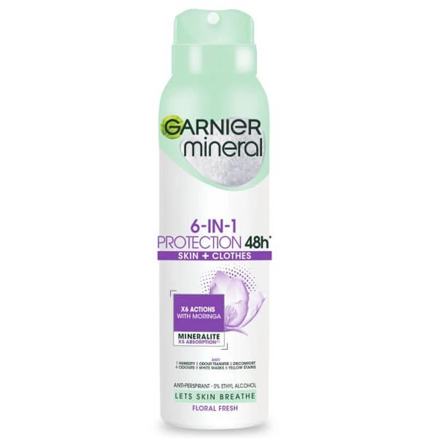 Garnier Mineral 6-in-1 Protection Floral Fresh Antyperspirant w sprayu, 150ml: ceny i cechy