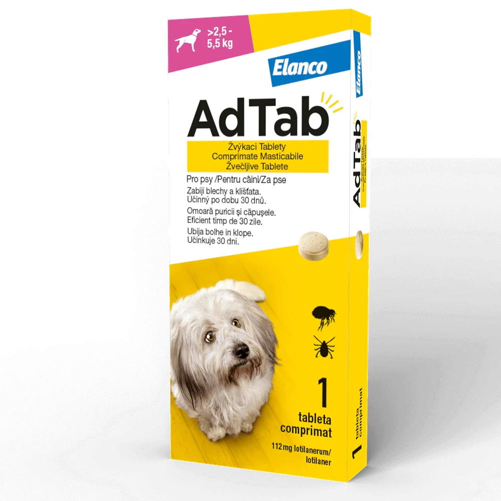 Antiparasitikum zum Einnehmen für Hunde von 2,5-5,5 kg AdTab Dog 112,5 mg, 1 Tablette, Elanco