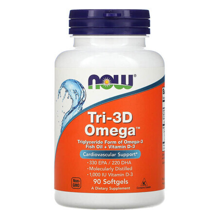 Tri-3D Omega avec Vitamine D-3, 90 gélules, Now Foods