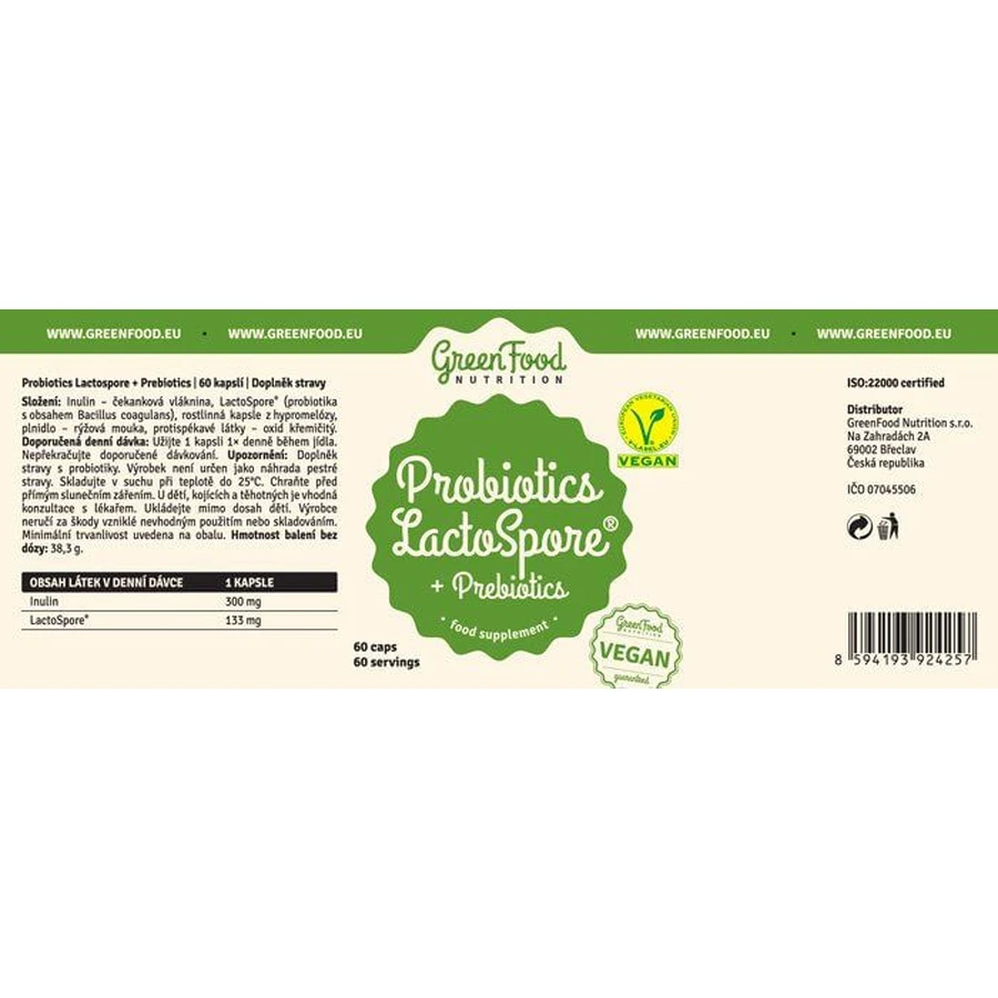 GreenFood Nutrition Probiotic LactoSpore® Probiotika + Präbiotika 60 Kapseln
