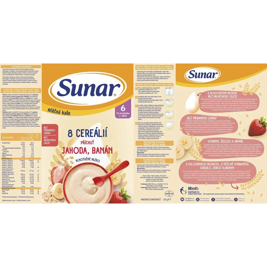 Porridge Sunar con 8 cereali, fragole, banana 210 g