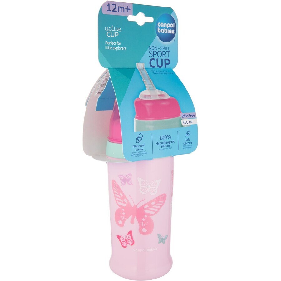 Canpol baby's morsvrije sportfles met siliconen rietje Butterfly Pink 350 ml