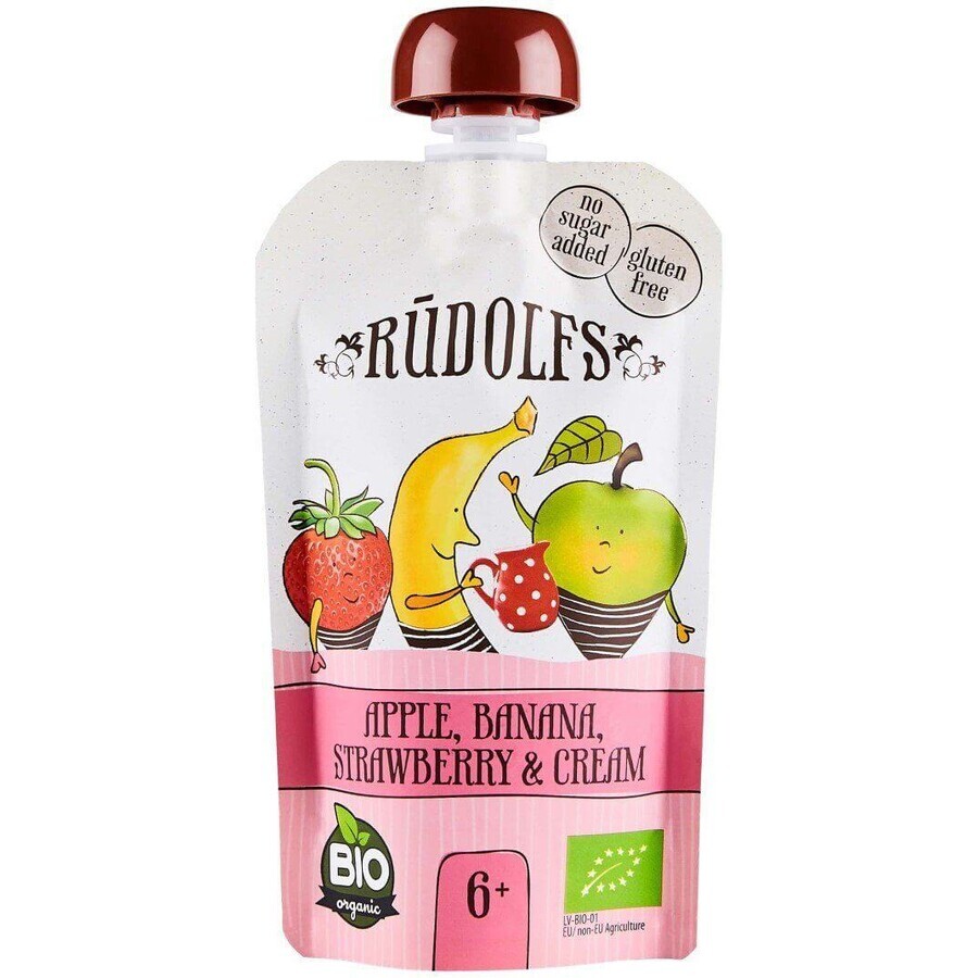 Rudolfs Organic Fruit snacks gluten-free Pommes, bananes, fraises à la crème 110 g