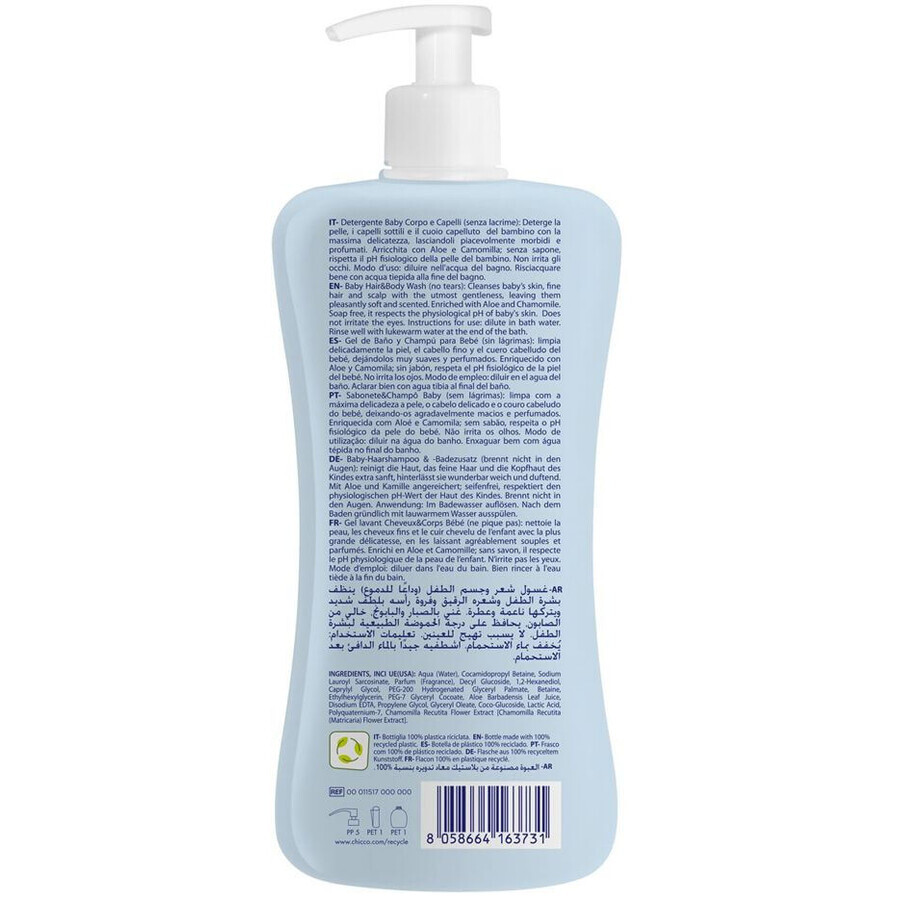 Chicco Natural Sensation champú para cabello y cuerpo con aloe y camomila 0m+, 500 ml