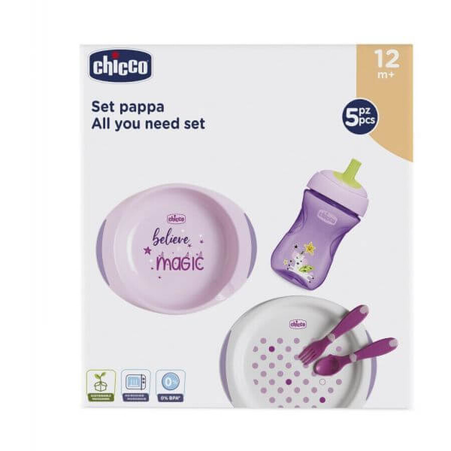 Chicco Tischset - Teller, Besteck, Becher, 12m+ rosa 200 ml