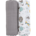 Petite&Mars Coperta in mussola di bambù Misty Grey Planes 2in1, 120 x 120 cm 2 pezzi