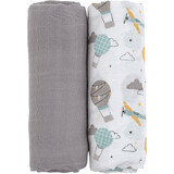 Petite&Mars Bambus-Musselin-Decke Misty Grey Planes 2in1, 120 x 120 cm 2 Stück