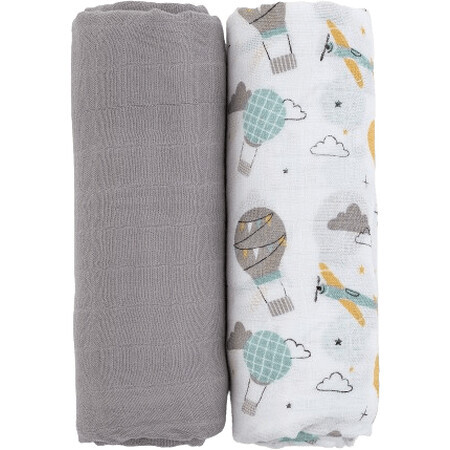 Petite&Mars Coperta in mussola di bambù Misty Grey Planes 2in1, 120 x 120 cm 2 pezzi