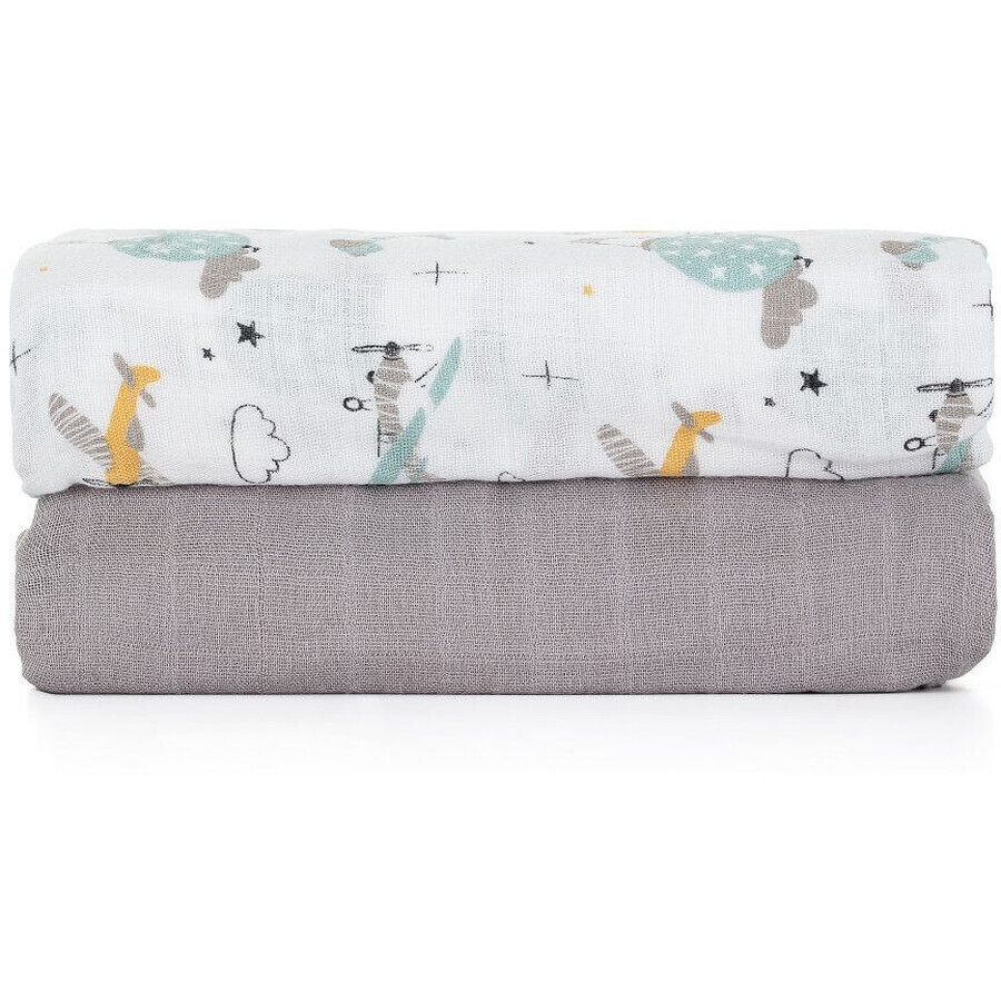 Petite&Mars Coperta in mussola di bambù Misty Grey Planes 2in1, 120 x 120 cm 2 pezzi