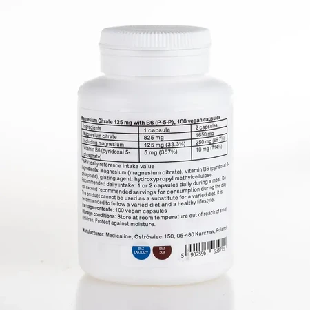 Magnesiumcitrat 125 mg mit B6 (P-5-P) 100 Kapseln Aliness