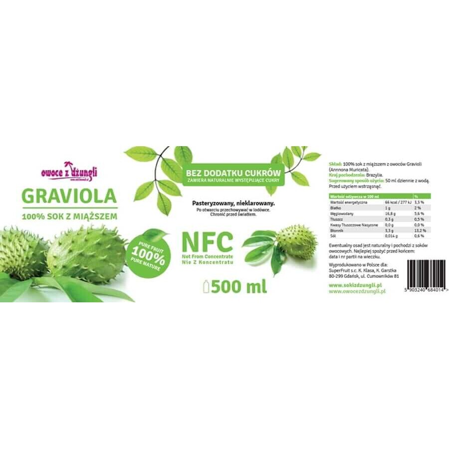 Graviola fruit pulp juice sugar free 500ml - Jungle Fruits