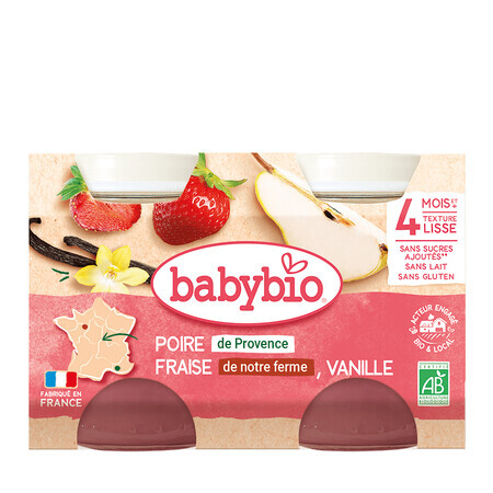 Organic Pear, strawberry and vanilla puree, +4 months, 2x130 g, Babybio