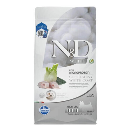 Cibo secco con pesce persico, finocchio e spirulina per cani N&D White Mini Adult, 2000 g, Farmina