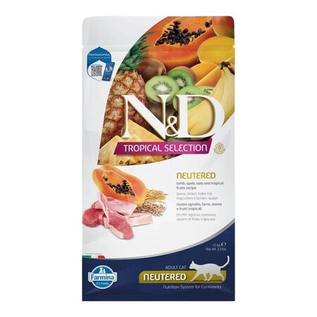 Katzentrockenfutter mit Lamm für Katzen N&D Tropical Selection Adult Sterilisiert, 1500 g, Farmina