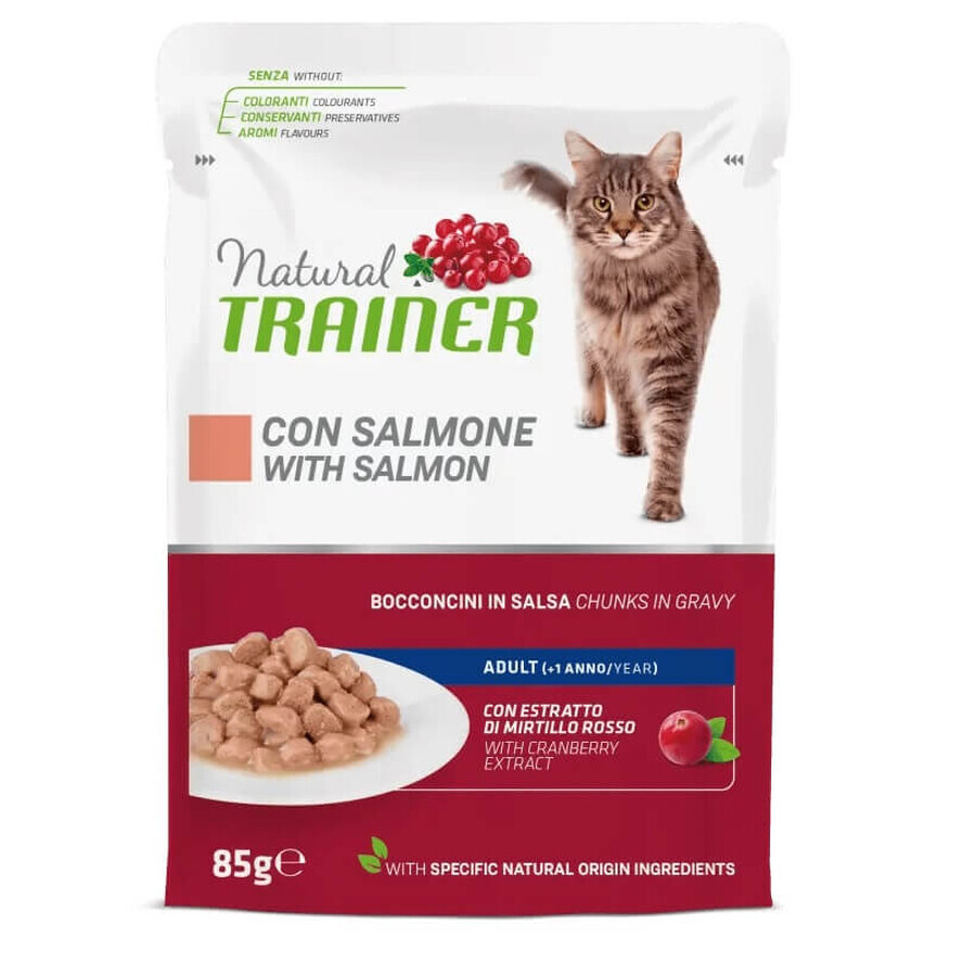 Katzennassfutter im Portionsbeutel mit Lachs für ausgewachsene Katzen, 85 g, Natural Trainer