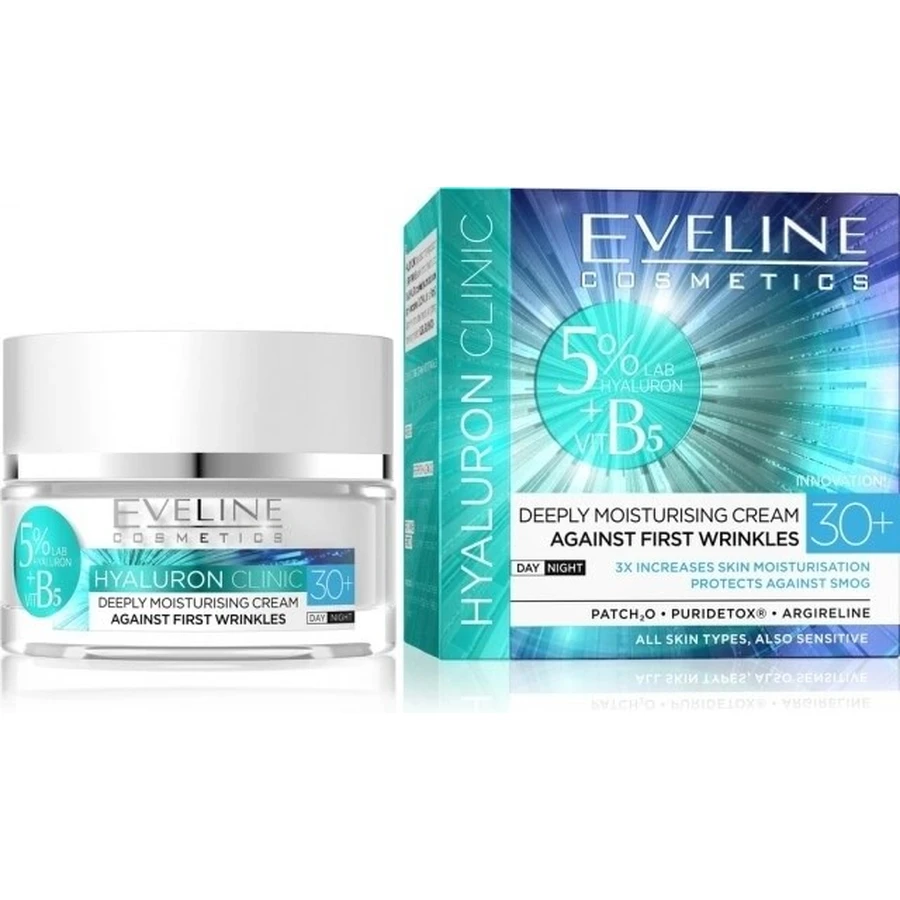 Eveline Hyaluron Clinic Day and Night Cream 30+ 1×50 ml, deeply moisturizing cream for first wrinkles