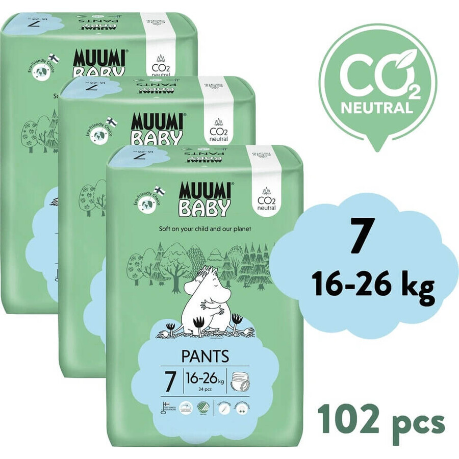 Muumi Baby Pants 7 XL 16-26 kg, pachet lunar de scutece ecologice 1×102pcs, scutece ecologice