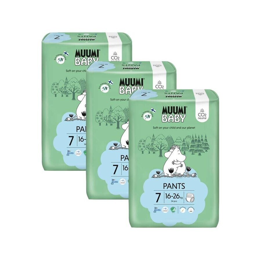 Muumi Baby Pants 7 XL 16-26 kg, pachet lunar de scutece ecologice 1×102pcs, scutece ecologice