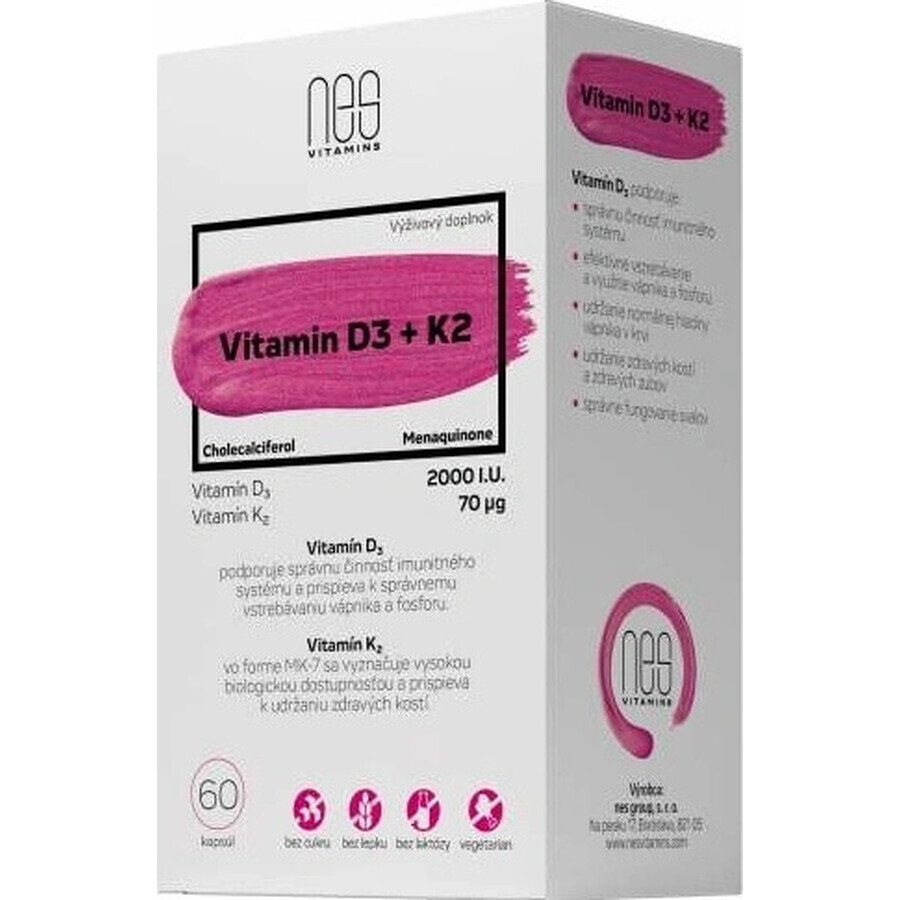 nesVITAMINS Vitamina D3 2000 U.I. + K2 70 μg 1×60 cps, complemento alimenticio