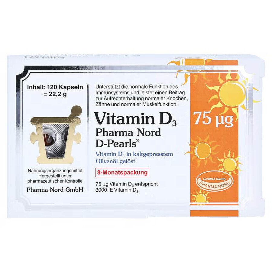 Bio Vitamine D3 3000IU D-Pearls 75 mcg, 80 softgels, Pharma Nord