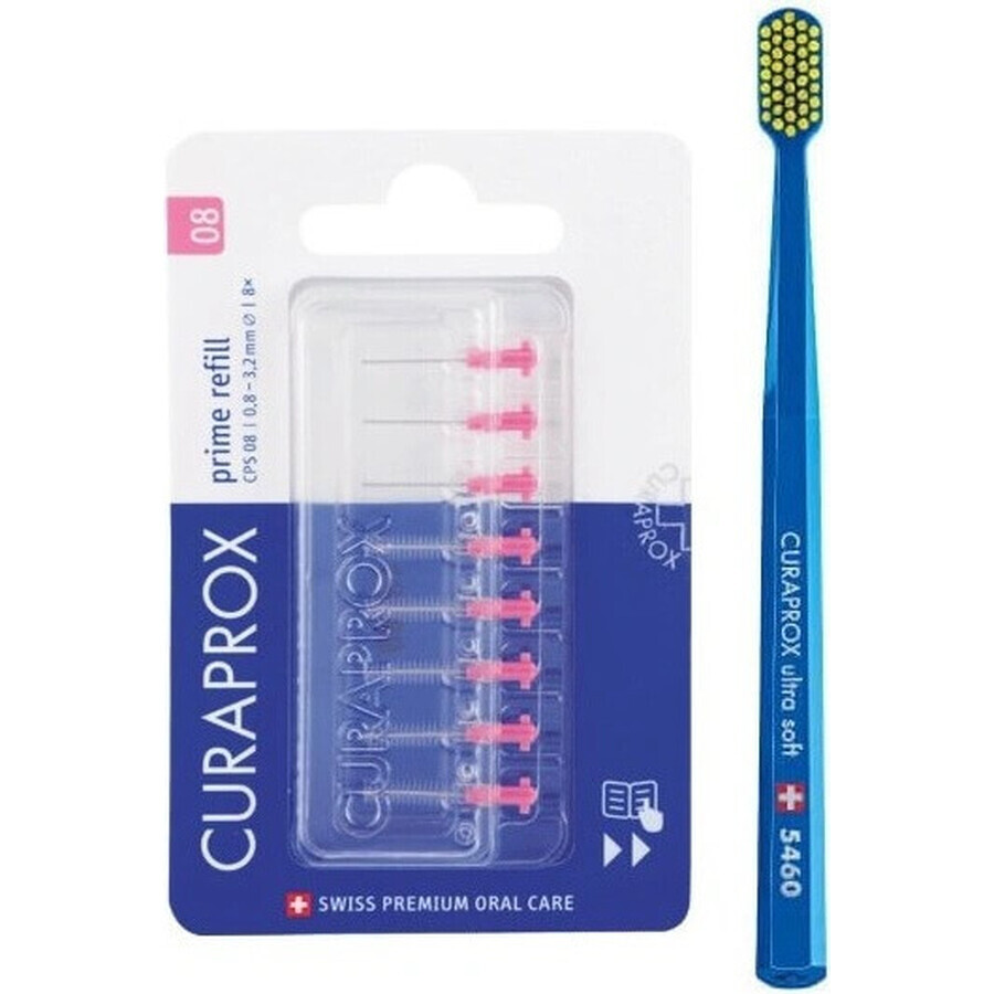 CURAPROX CPS 08 prime refill rosa + CS 5460 1×1 set, cepillos interdentales sin soporte 8 piezas + cepillo de dientes 1 pieza