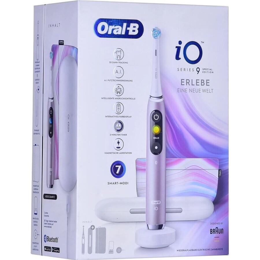 Oral B EK iO Series 9 Rozenkwarts + tandenborstelhouder + reisetui 1×1 set, elektronische tandenborstel