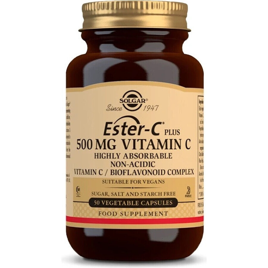 Solgar Ester-C plus 500 mg de vitamine C non acide avec complexe de bioflavonoïdes 50 gélules 1×50 cps, complément alimentaire