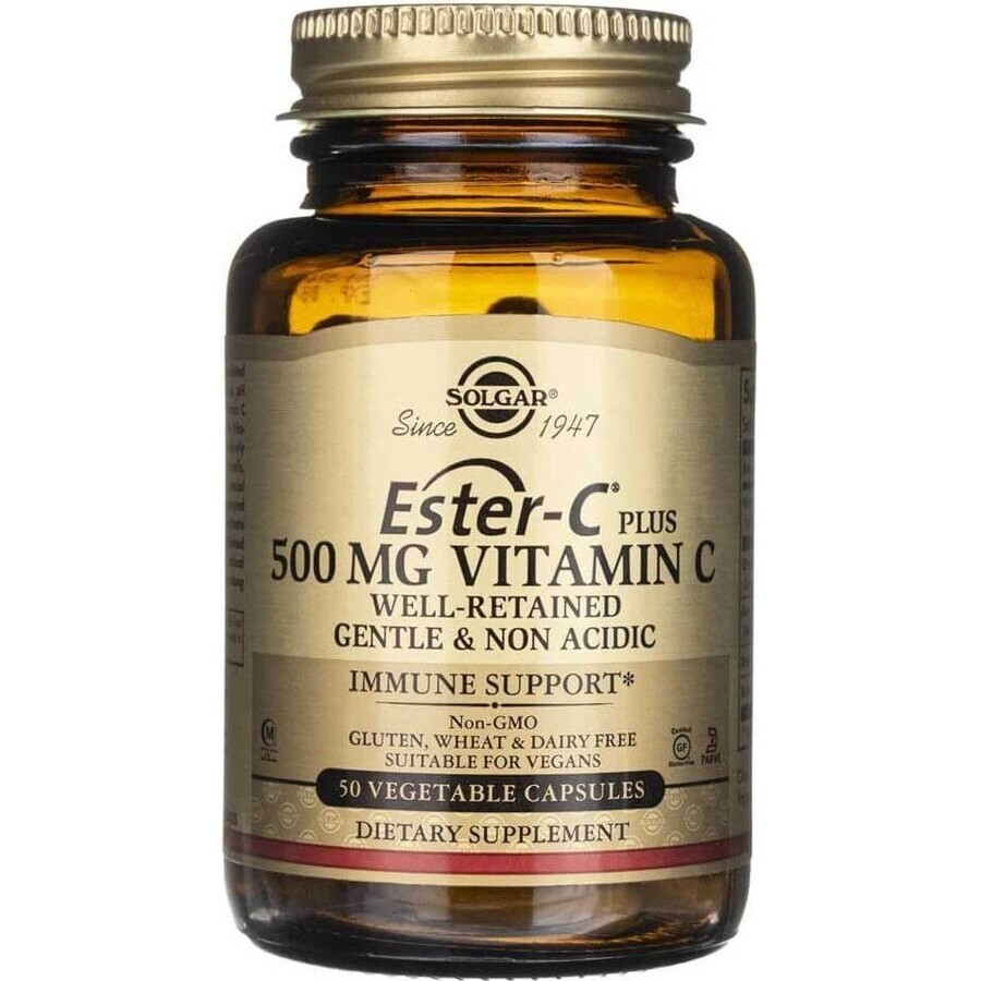 Solgar Ester-C plus 500 mg de vitamine C non acide avec complexe de bioflavonoïdes 50 gélules 1×50 cps, complément alimentaire