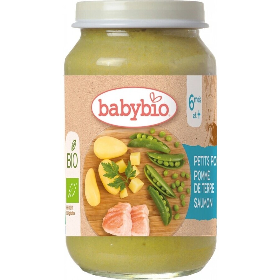 BABYBIO guisantes y patatas bio con salmón 1×200 g, guarnición de verduras bio