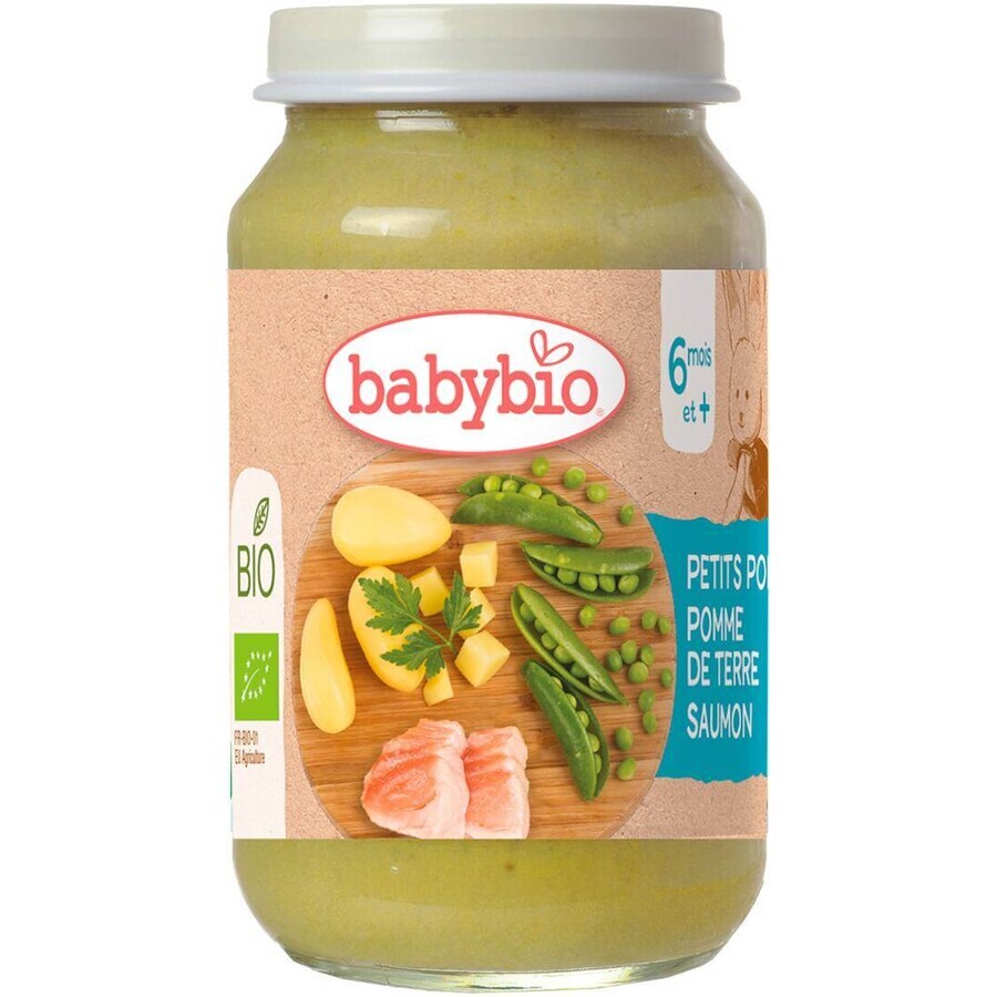 BABYBIO guisantes y patatas bio con salmón 1×200 g, guarnición de verduras bio