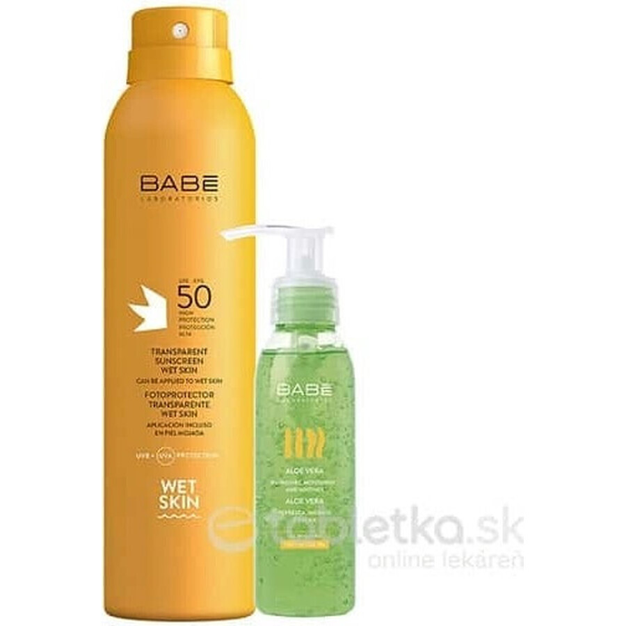 BABÉ SUN Sonnenschutzspray SPF 50 + Aloe vera Gel, 1x1 Set 1x200 + 90 ml, Sonnenschutzspray + Geschenk: kühlendes Gel