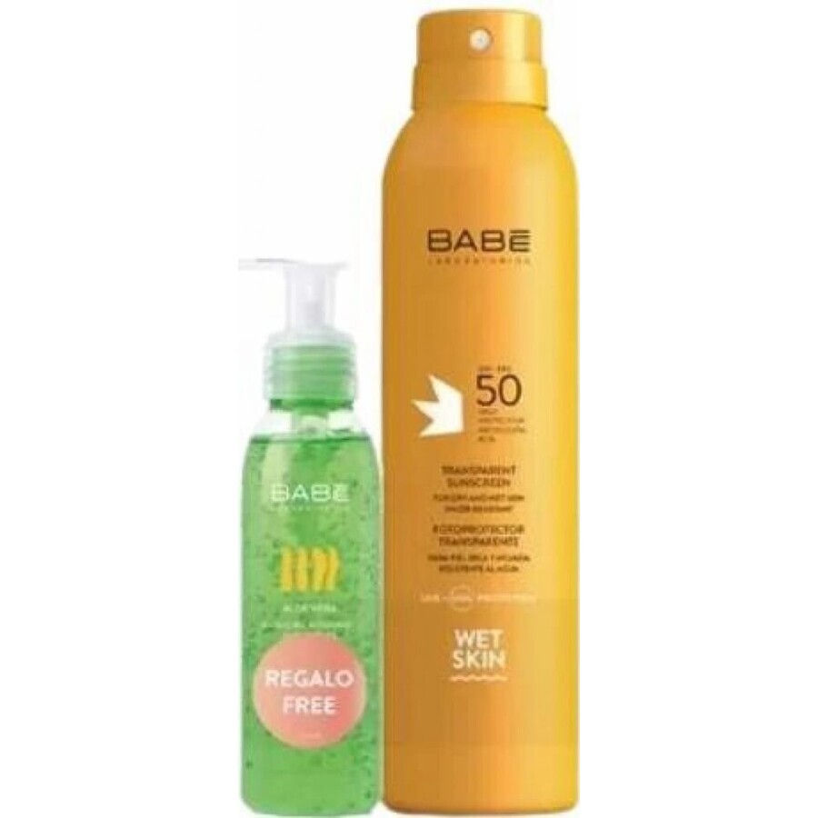 BABÉ SUN Sonnenschutzspray SPF 50 + Aloe vera Gel, 1x1 Set 1x200 + 90 ml, Sonnenschutzspray + Geschenk: kühlendes Gel