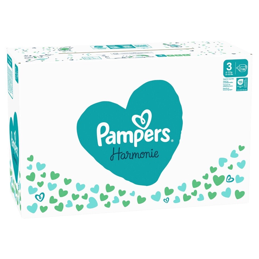 PAMPERS HARMONIE BABY DIAPERS V.3 6-10KG 186KS 1×186 Stück, Windeln Größe 3