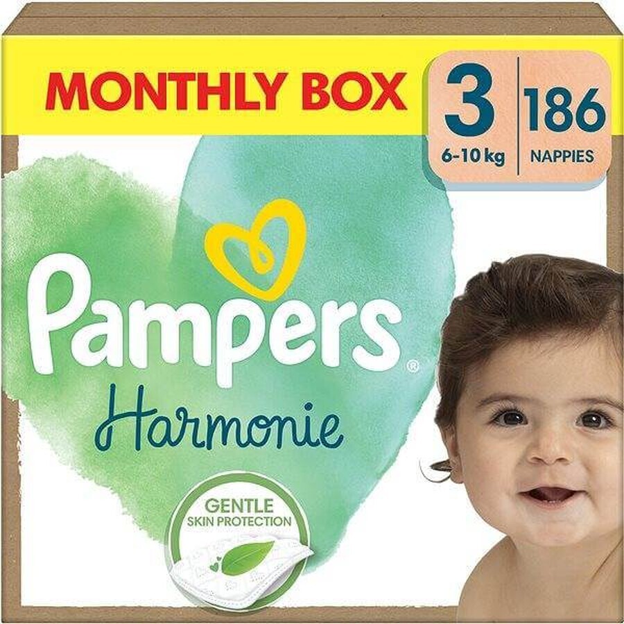 PAMPERS HARMONIE BABY DIAPERS V.3 6-10KG 186KS 1×186 Stück, Windeln Größe 3