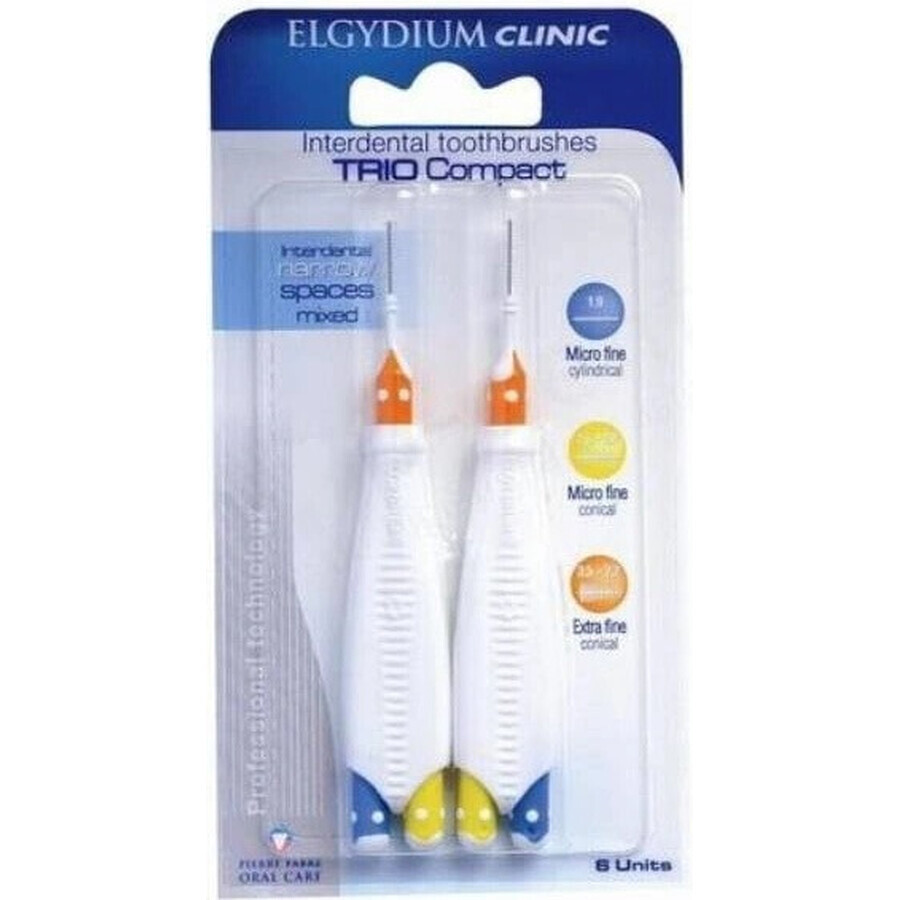 ELGYDIUM CLINIC Trio COMPACT - TRIO 2 scovolini interdentali in supporto (2x blu 1,9 mm+2x blu 2,5-2,2 mm+2x giallo 2,5-2,2 mm+2x arancione 3,5-2,7 mm) 6 pz, set 1x1