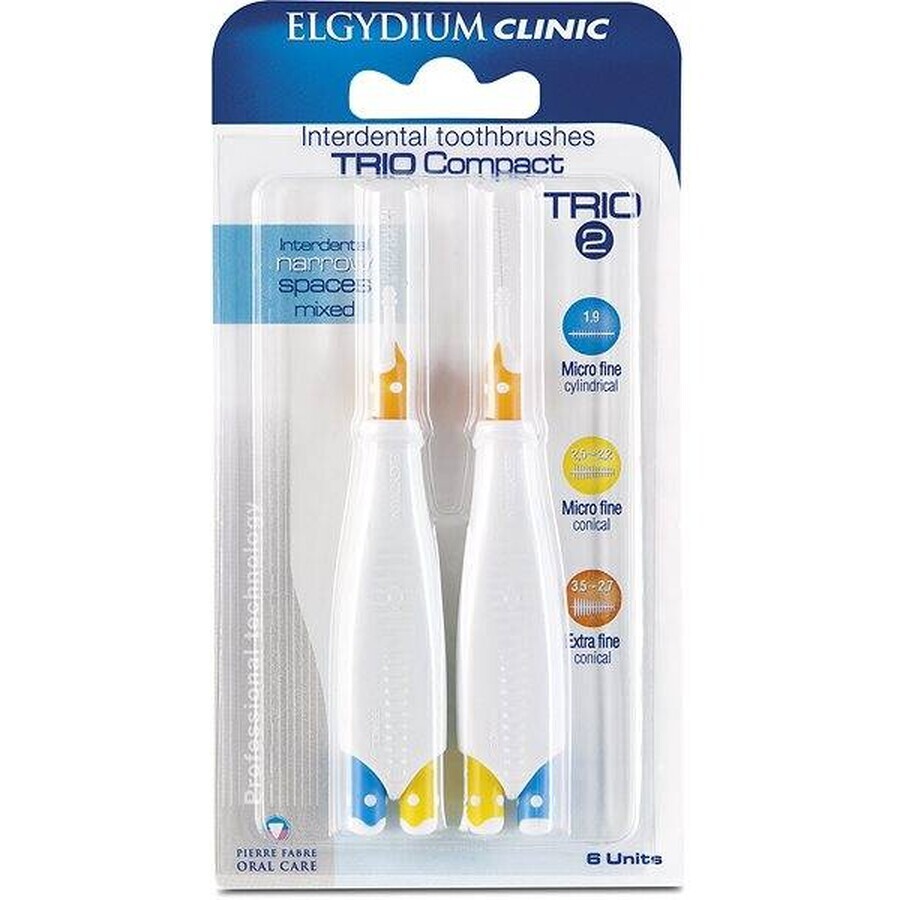 ELGYDIUM CLINIC Trio COMPACT - TRIO 2 scovolini interdentali in supporto (2x blu 1,9 mm+2x blu 2,5-2,2 mm+2x giallo 2,5-2,2 mm+2x arancione 3,5-2,7 mm) 6 pz, set 1x1