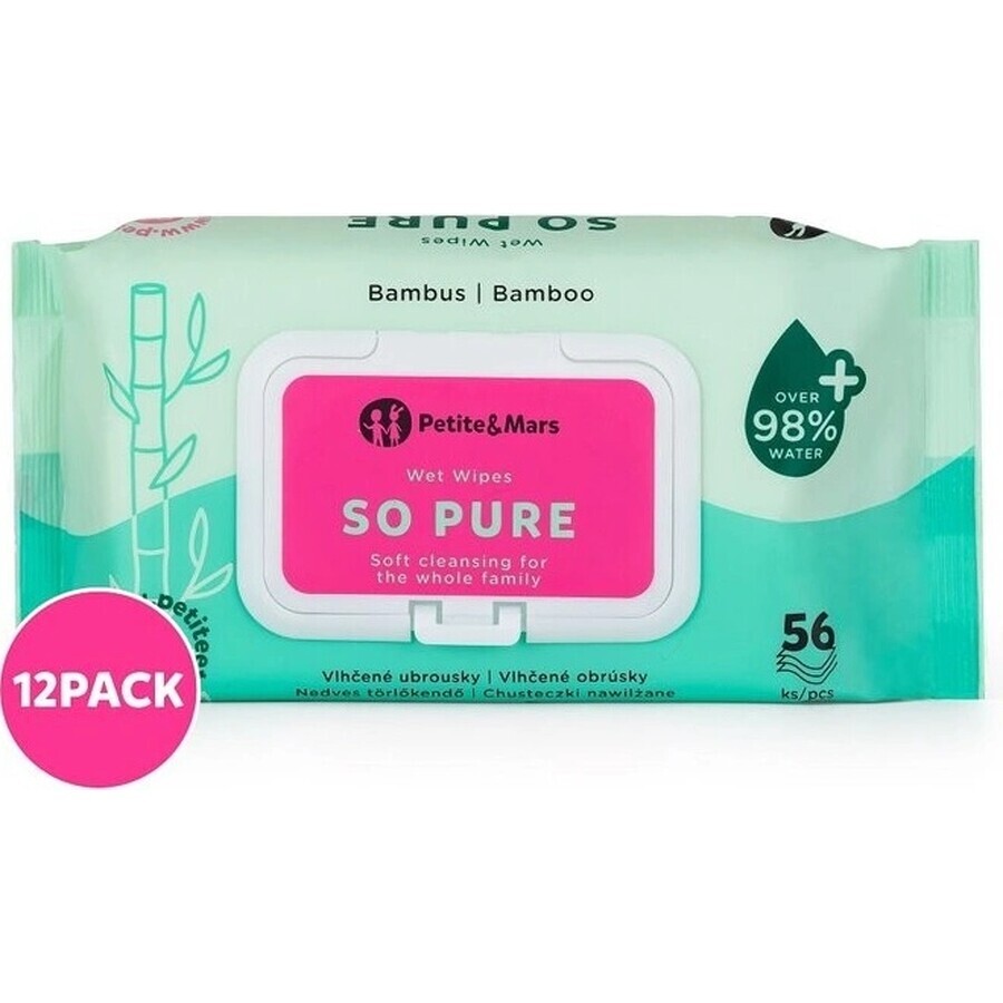 12x PETITE&MARS Lingettes humides SO PURE bambou biodégradable sans plastique 56 pcs 1×56 pcs, lingettes humides