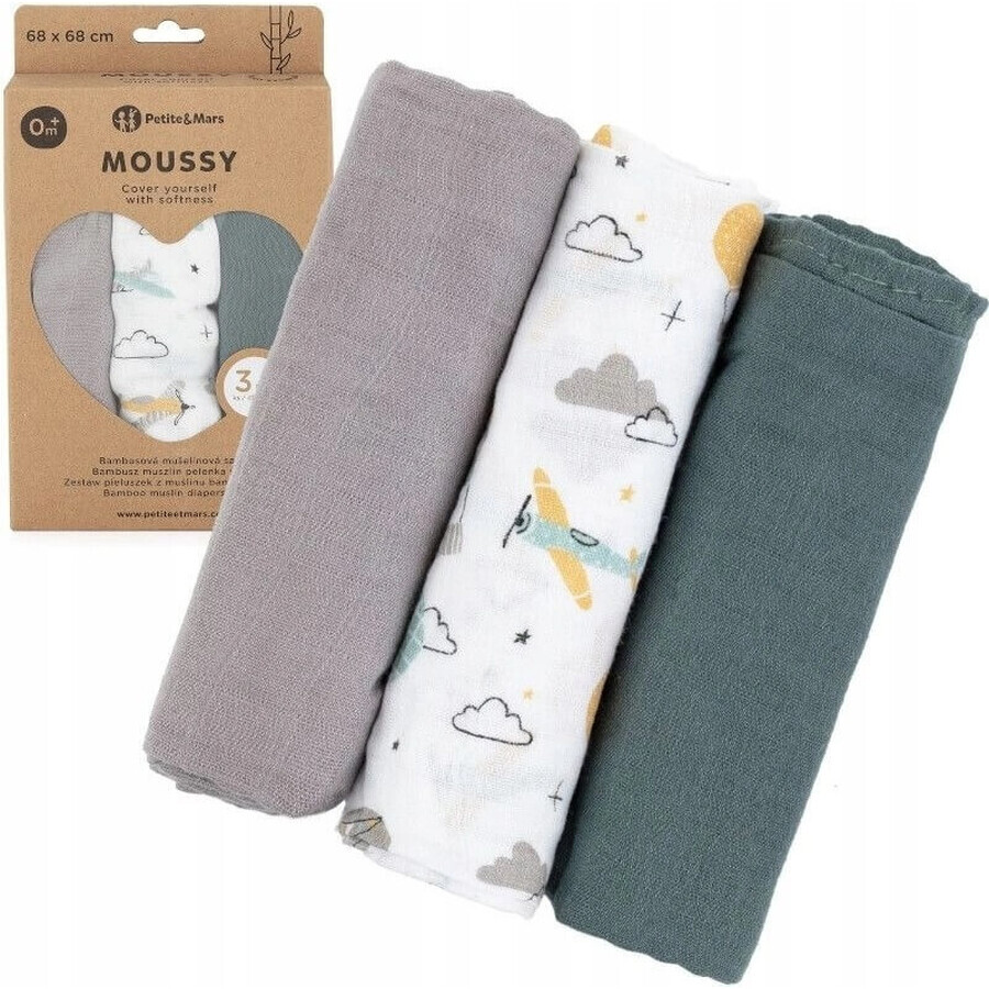 PETITE&MARS Set de Pañales de Muselina de Bambú 3pcs Moussy Gris Planes, 68 x 68 cm 1×3 pcs, set de pañales