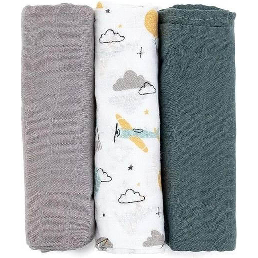 PETITE&MARS Set de Pañales de Muselina de Bambú 3pcs Moussy Gris Planes, 68 x 68 cm 1×3 pcs, set de pañales