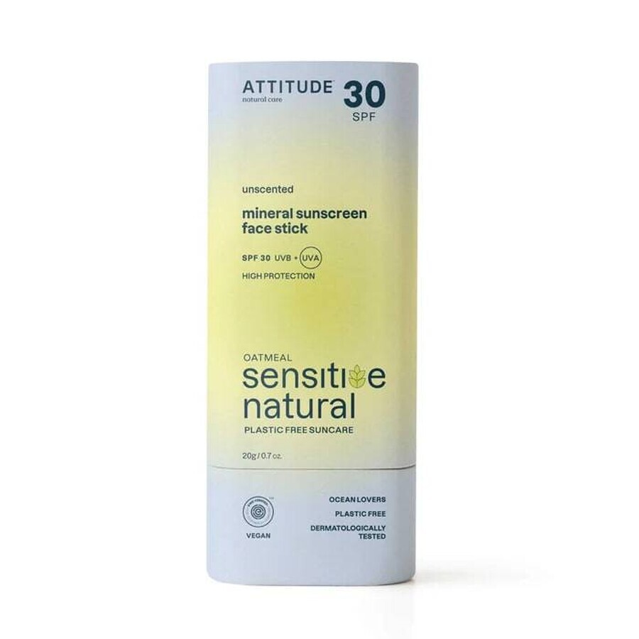 ATTITUDE Stick visage et lèvres 100% minéral ATTITUDE SPF 30 pour peaux sensibles et atopiques 1×20 g, stick visage et lèvres