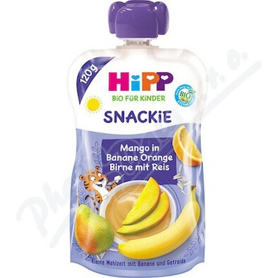 HiPP BIO KINDER Banana Arancia Pera Mango Pera Riso 1×120 g, frutta e cereali, 12m+