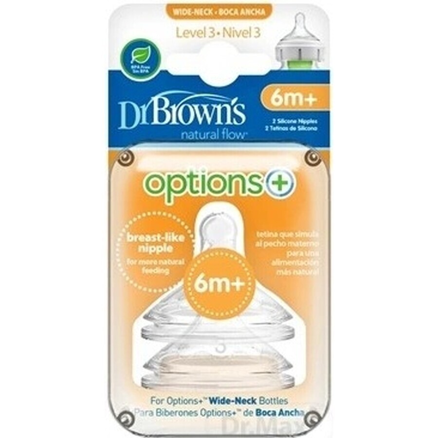 Dr.BROWN'S OPTIONS+ NIVEL 3 1×2, cuello ancho, silicona, 6M+