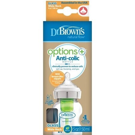 Dr.BROWN'S BABY BOTTLE OPTIONS+ 150 ml 1×1 pc, with wide neck, 0M+, anti-colic, glass, white