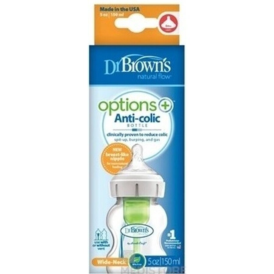 Dr.BROWN'S BABY BOTTLE OPTIONS+ 150 ml 1×1 pc, with wide neck, 0M+, anti-colic, glass, white