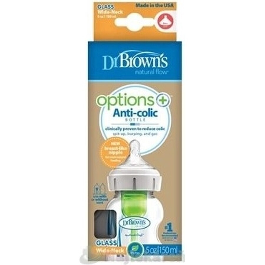 Dr.BROWN'S BABY BOTTLE OPTIONS+ 150 ml 1×1 pc, with wide neck, 0M+, anti-colic, glass, white