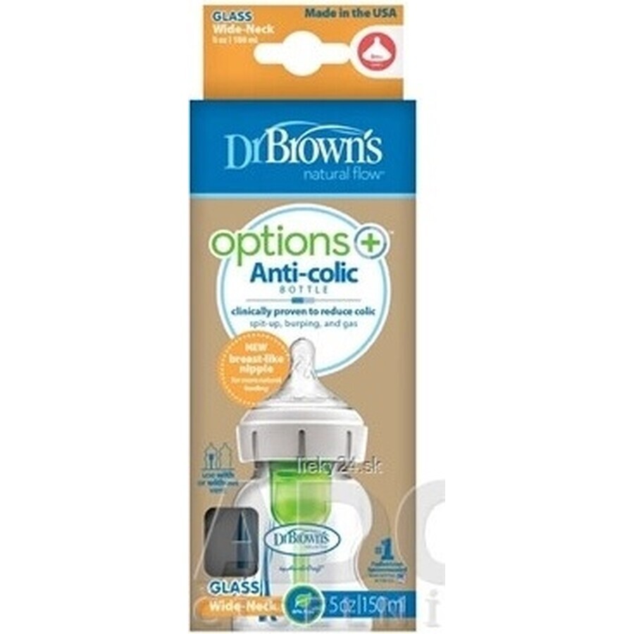 Dr.BROWN'S BABY BOTTLE OPTIONS+ 150 ml 1×1 pc, with wide neck, 0M+, anti-colic, glass, white