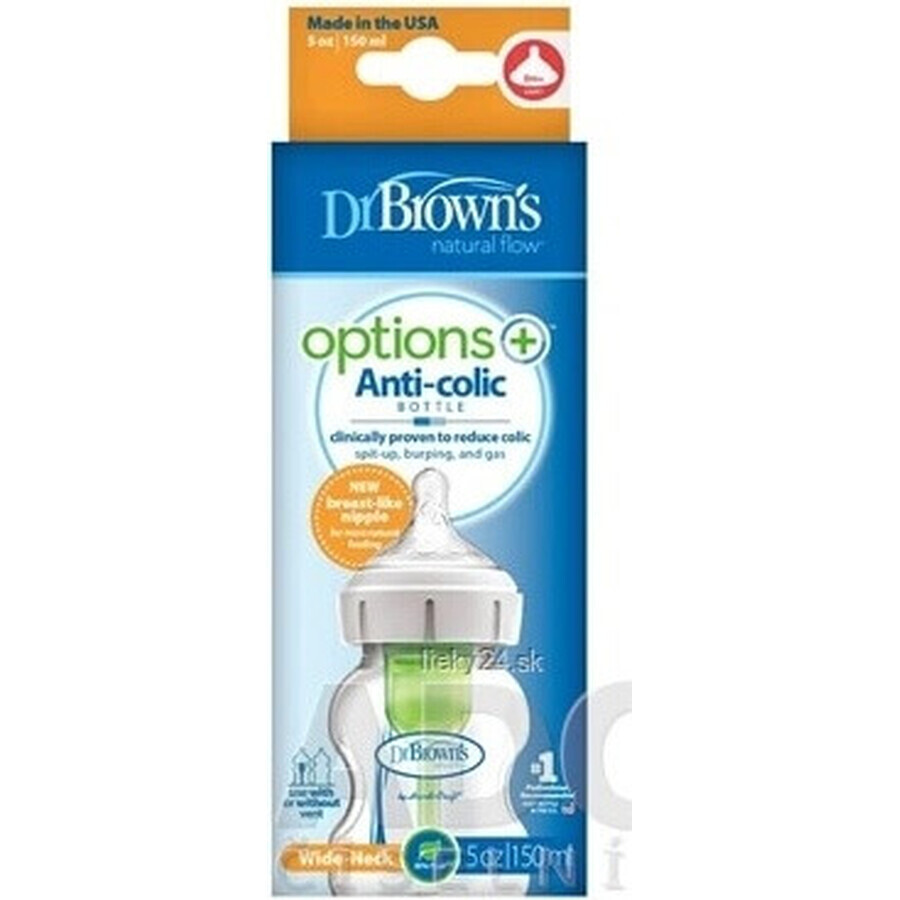 Dr.BROWN'S BABY BOTTLE OPTIONS+ 150 ml 1×1 pc, with wide neck, 0M+, anti-colic, glass, white