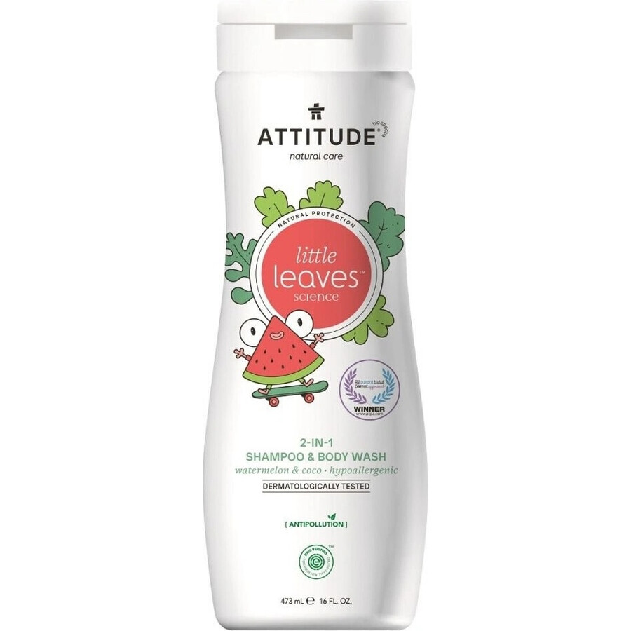 ATTITUDE Baby Körperseife und Shampoo (2 in 1) Kleine Blätter mit Melonen- und Kokosnussgeschmack 1×473 ml, Körperseife und Shampoo für Kinder