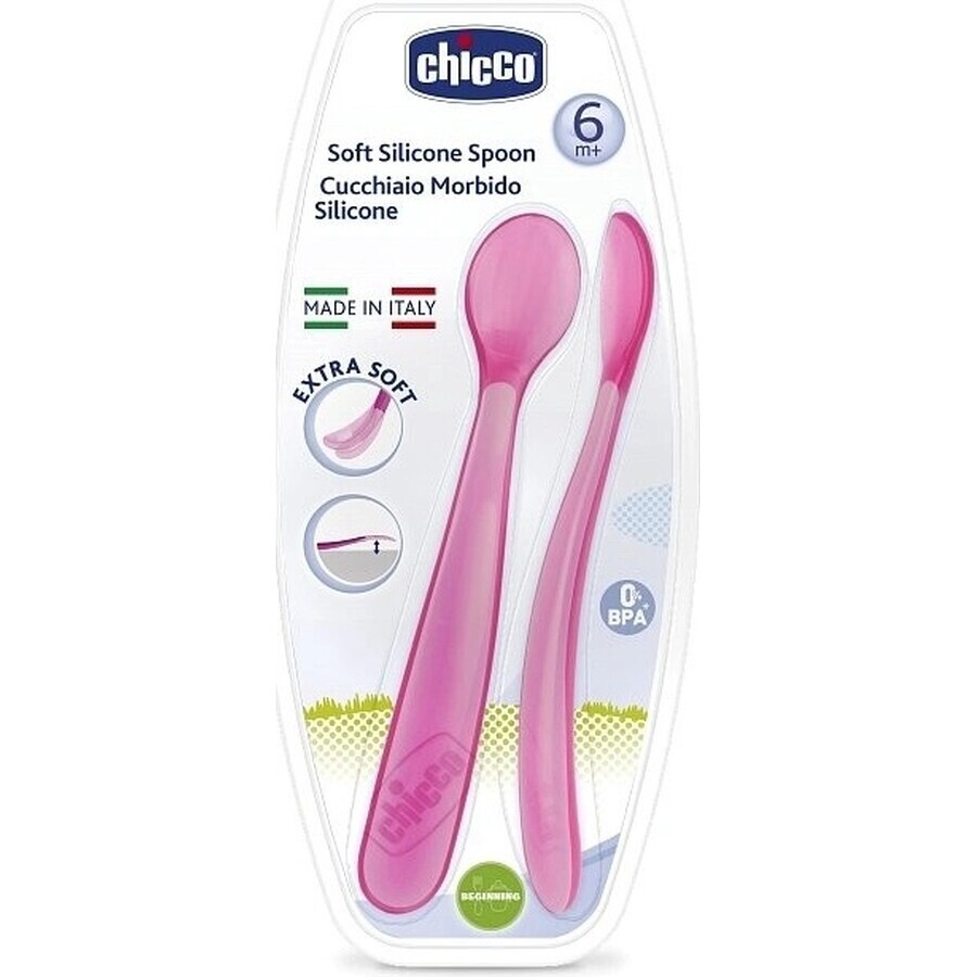 CHICCO Silikonlöffel 2 Stück rosa 6m+ 1×1 Stück, 2 Stück rosa 6m+ 1×1 Stück, sanft für Babys Zahnfleisch