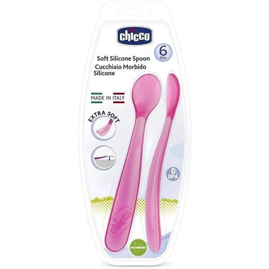 CHICCO Silikonlöffel 2 Stück rosa 6m+ 1×1 Stück, 2 Stück rosa 6m+ 1×1 Stück, sanft für Babys Zahnfleisch